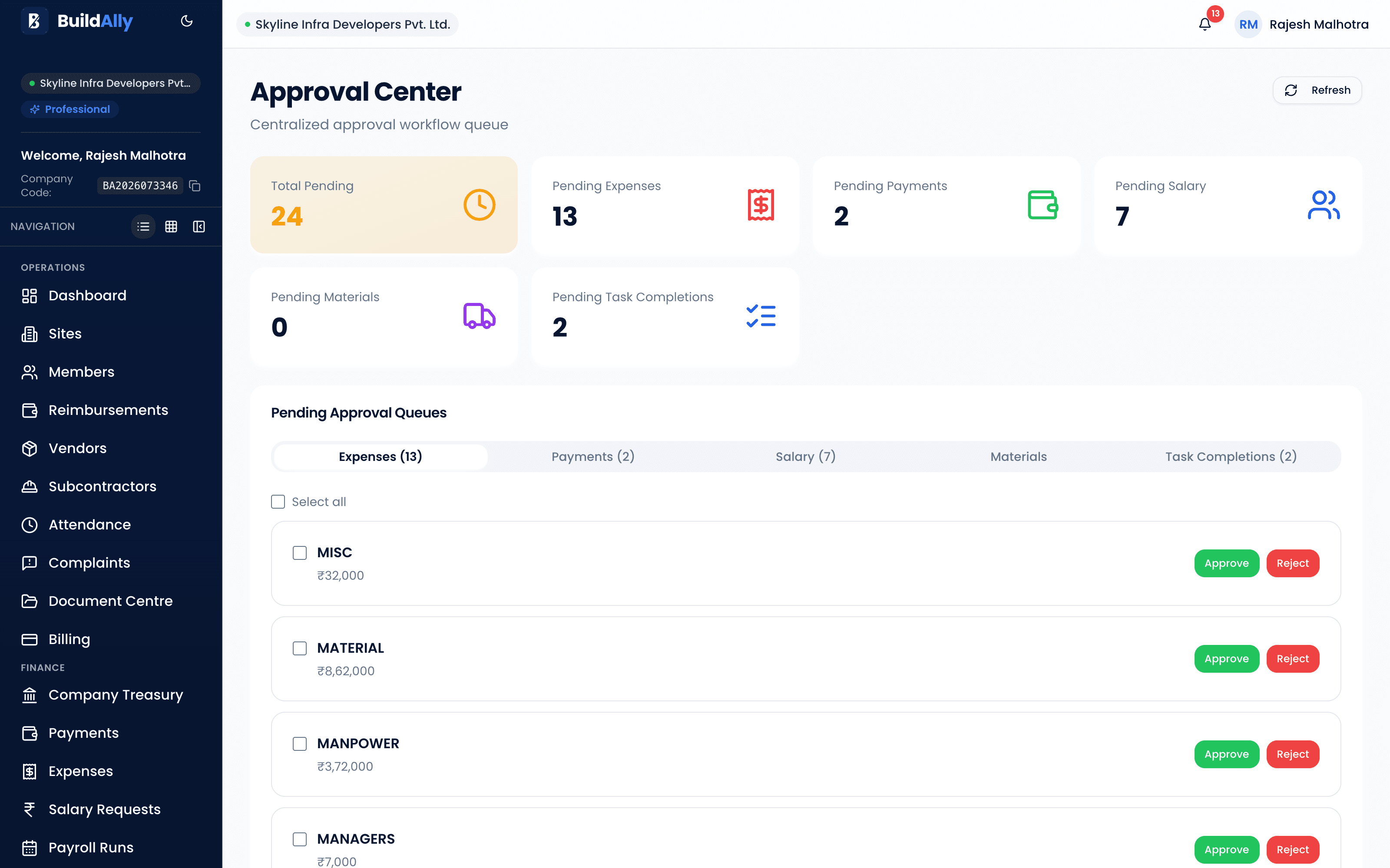 BuildAlly approval workflow screen with pending expense and payment approvals