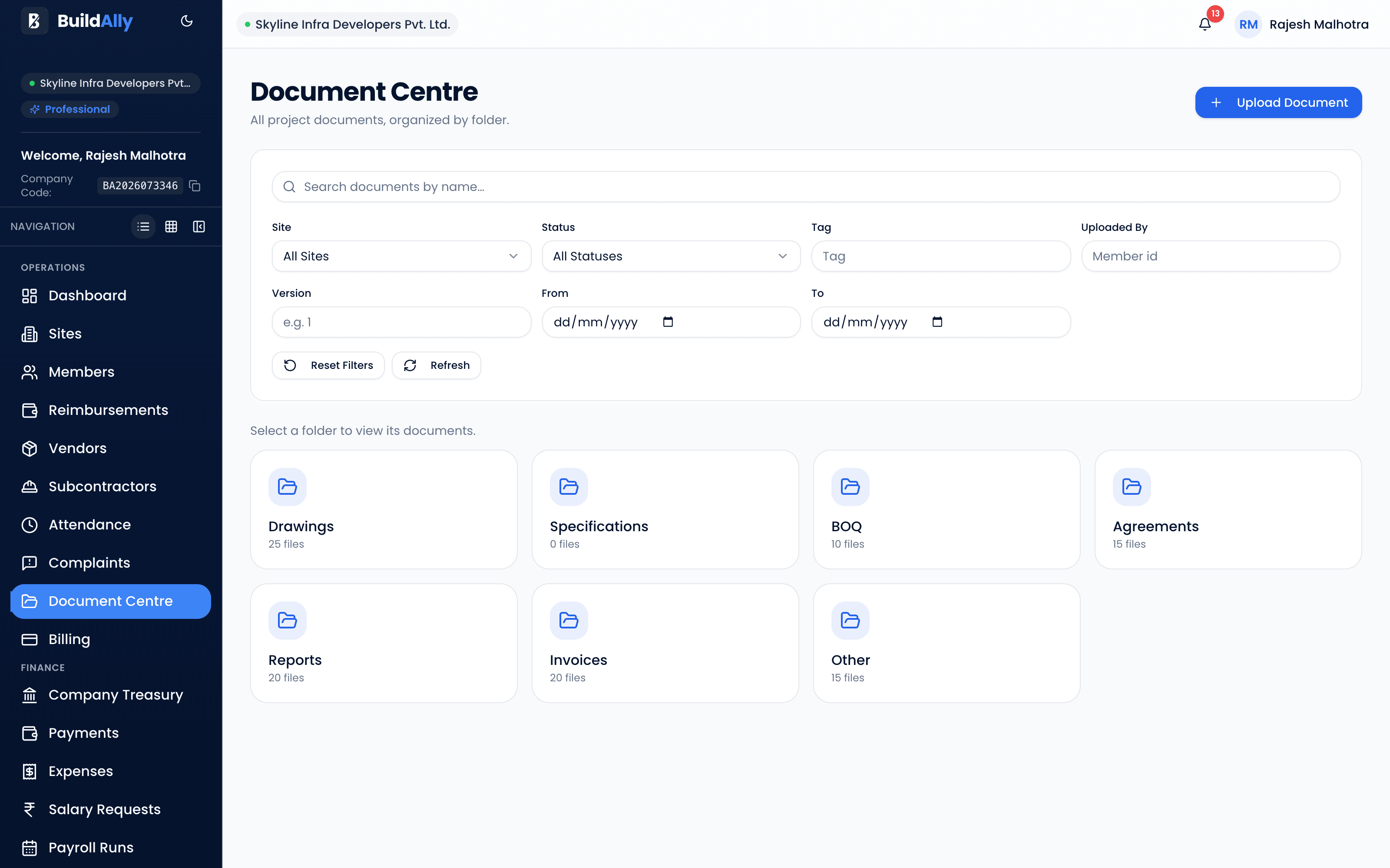 BuildAlly document centre with drawings, agreements and version history