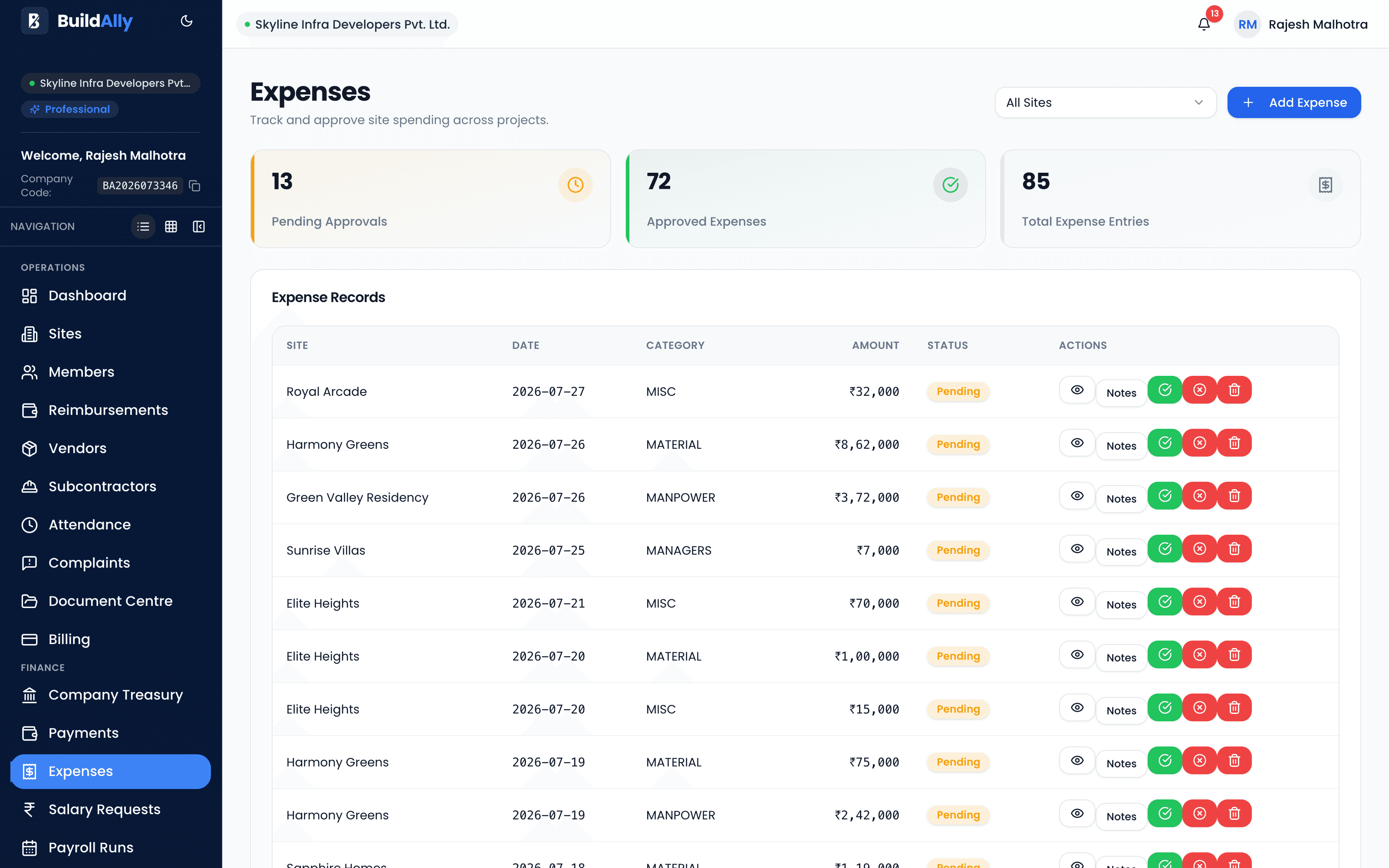 BuildAlly expense management screen with categorised site spend and approvals