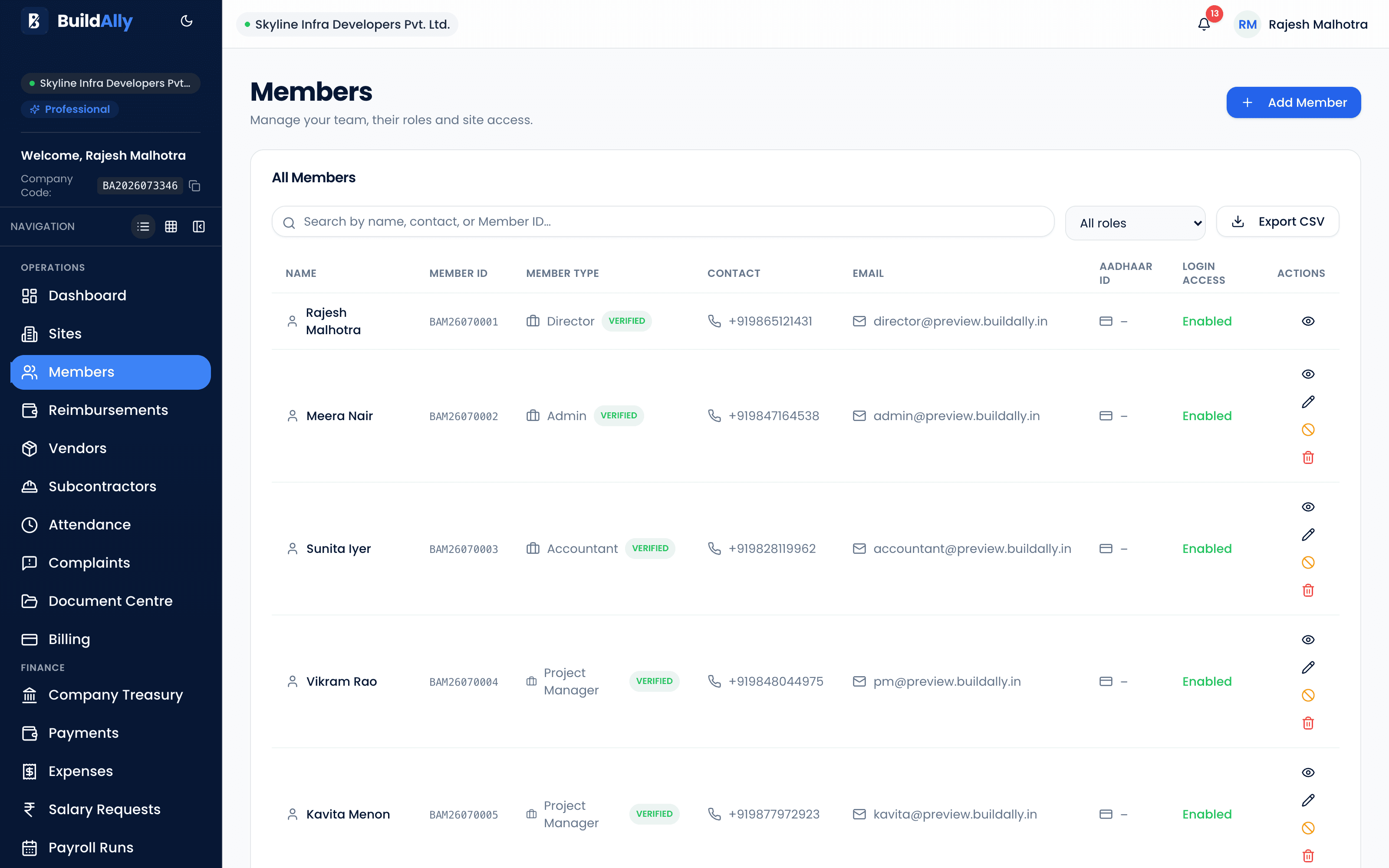 BuildAlly member management screen showing team roles and permissions