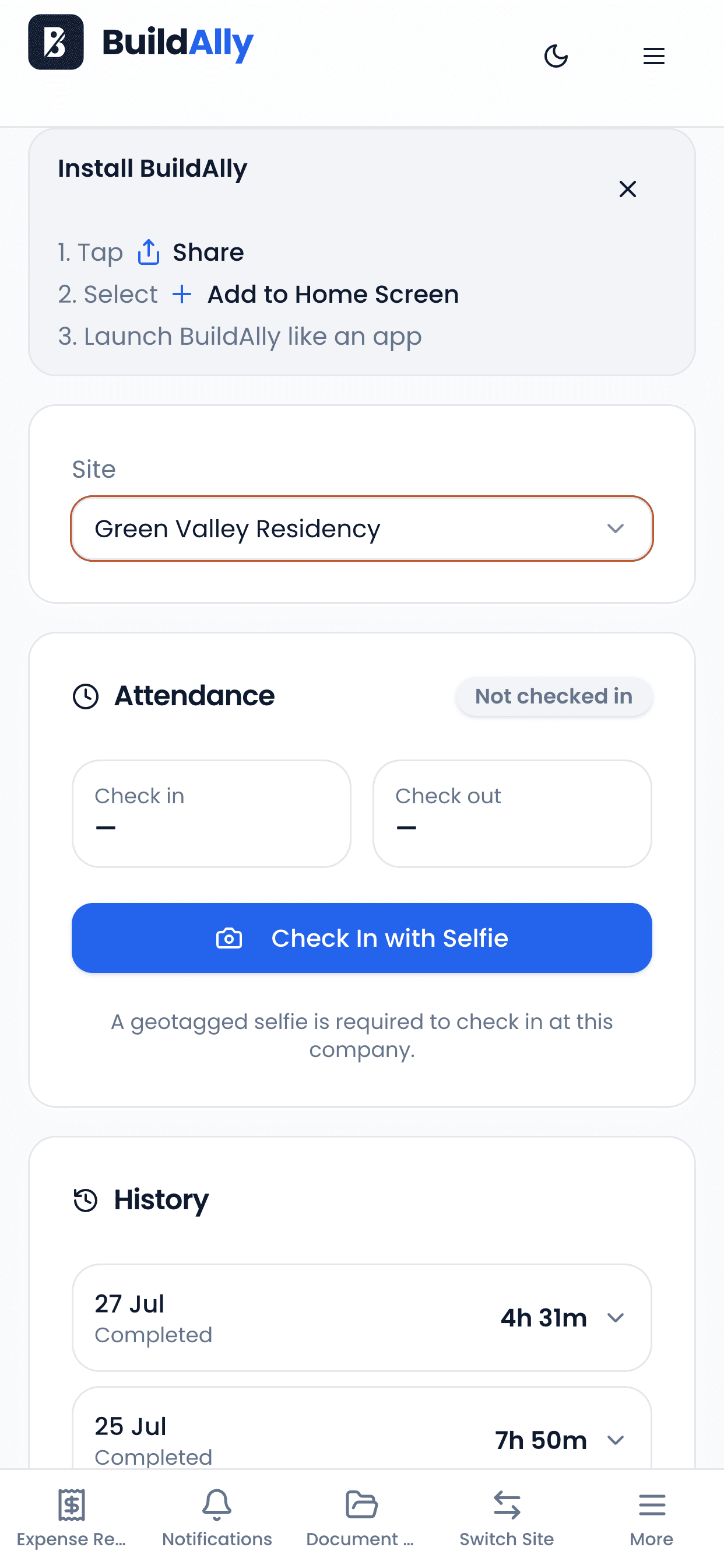 GPS attendance check-in on the BuildAlly mobile app