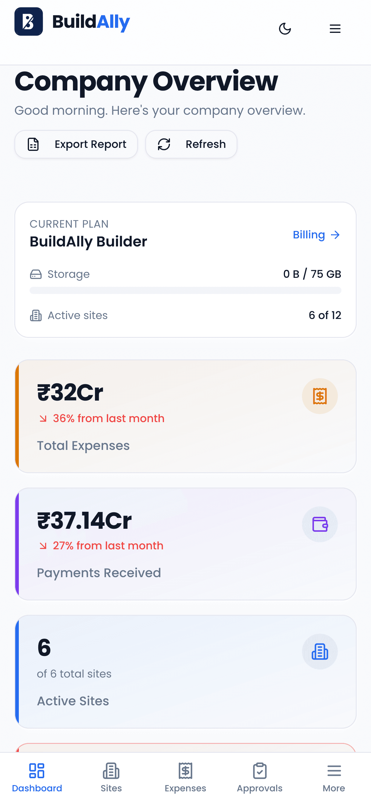 BuildAlly dashboard on a mobile phone