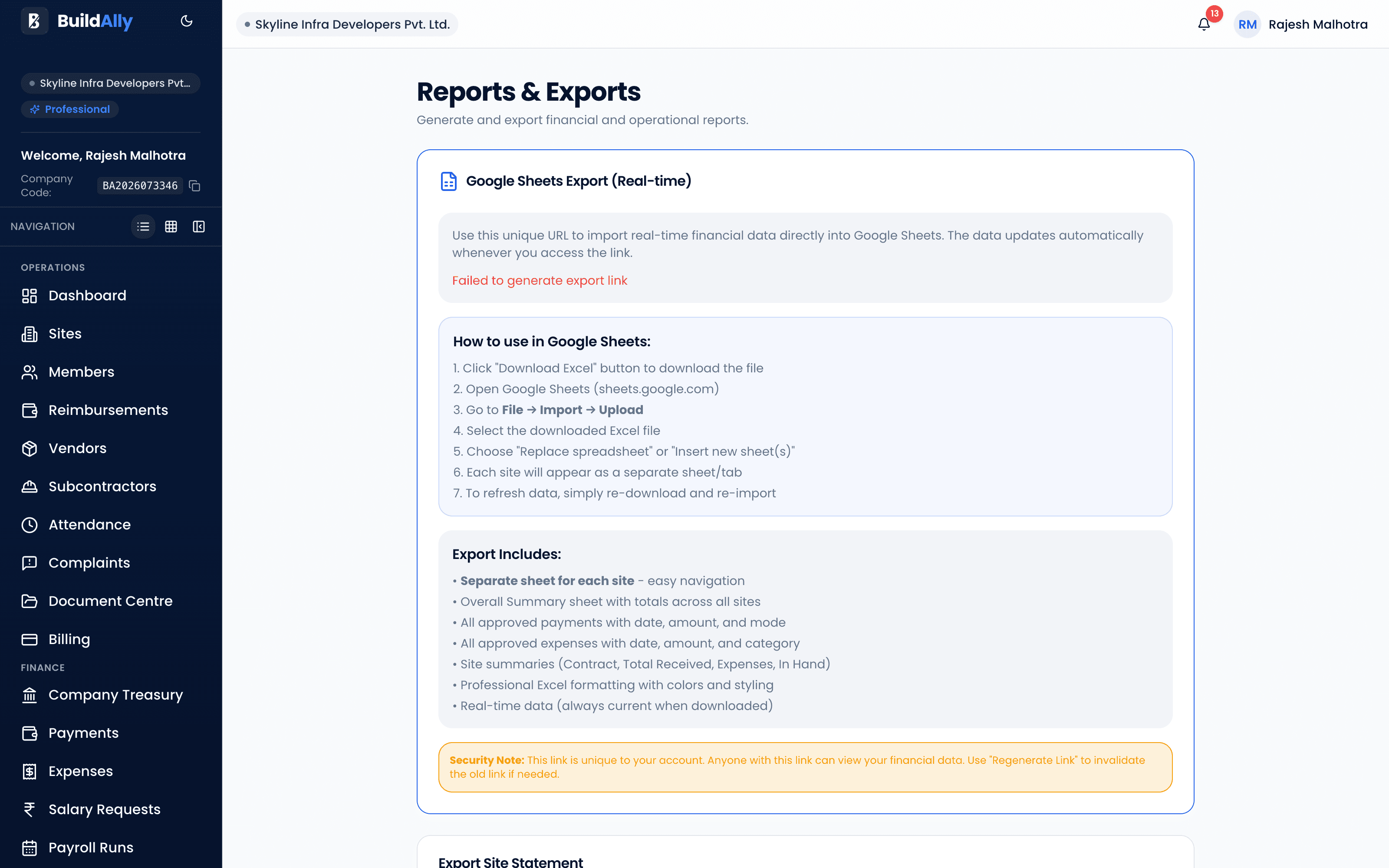 BuildAlly reports dashboard with attendance, salary and expense exports