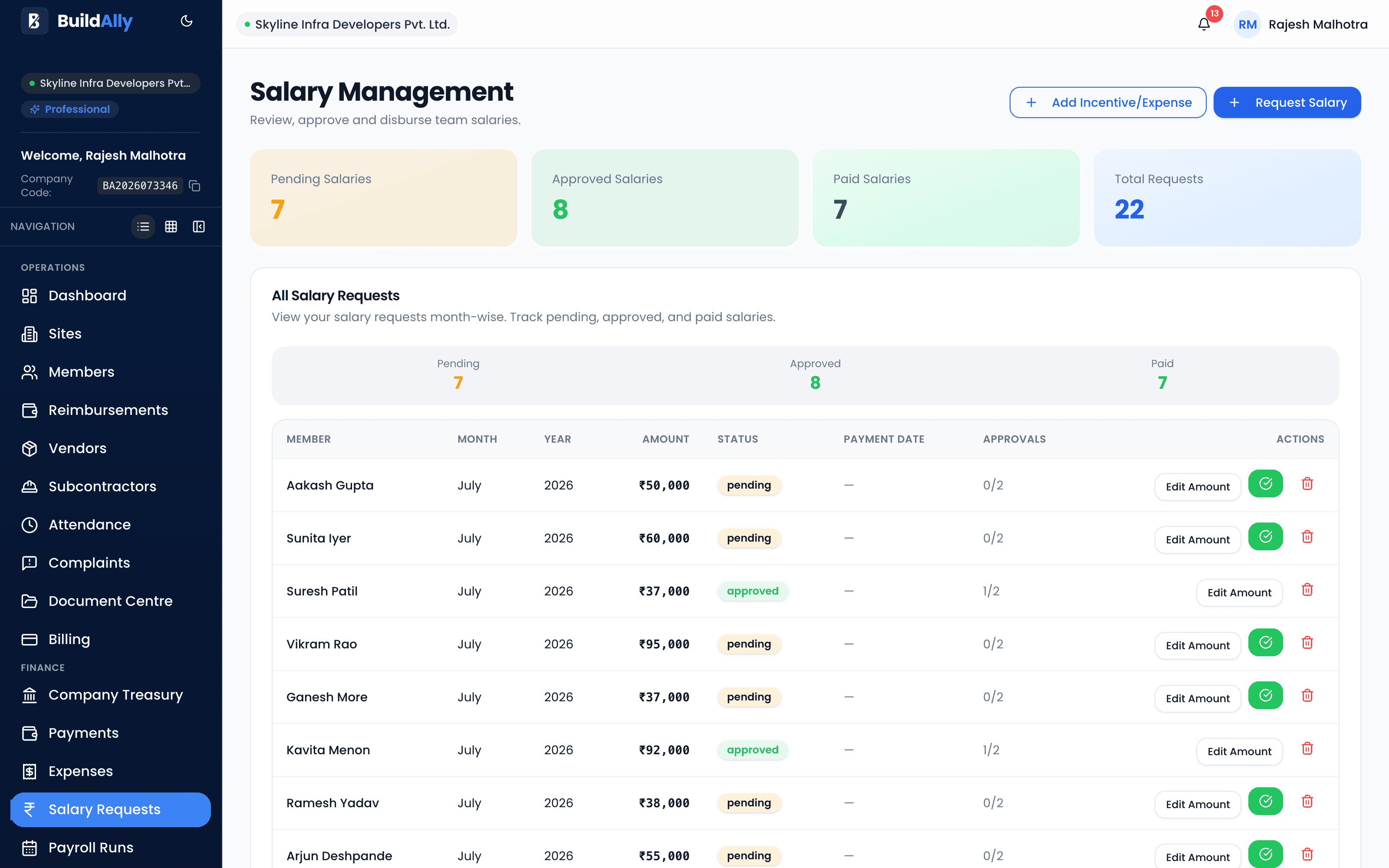 BuildAlly salary management screen with monthly payroll and approvals