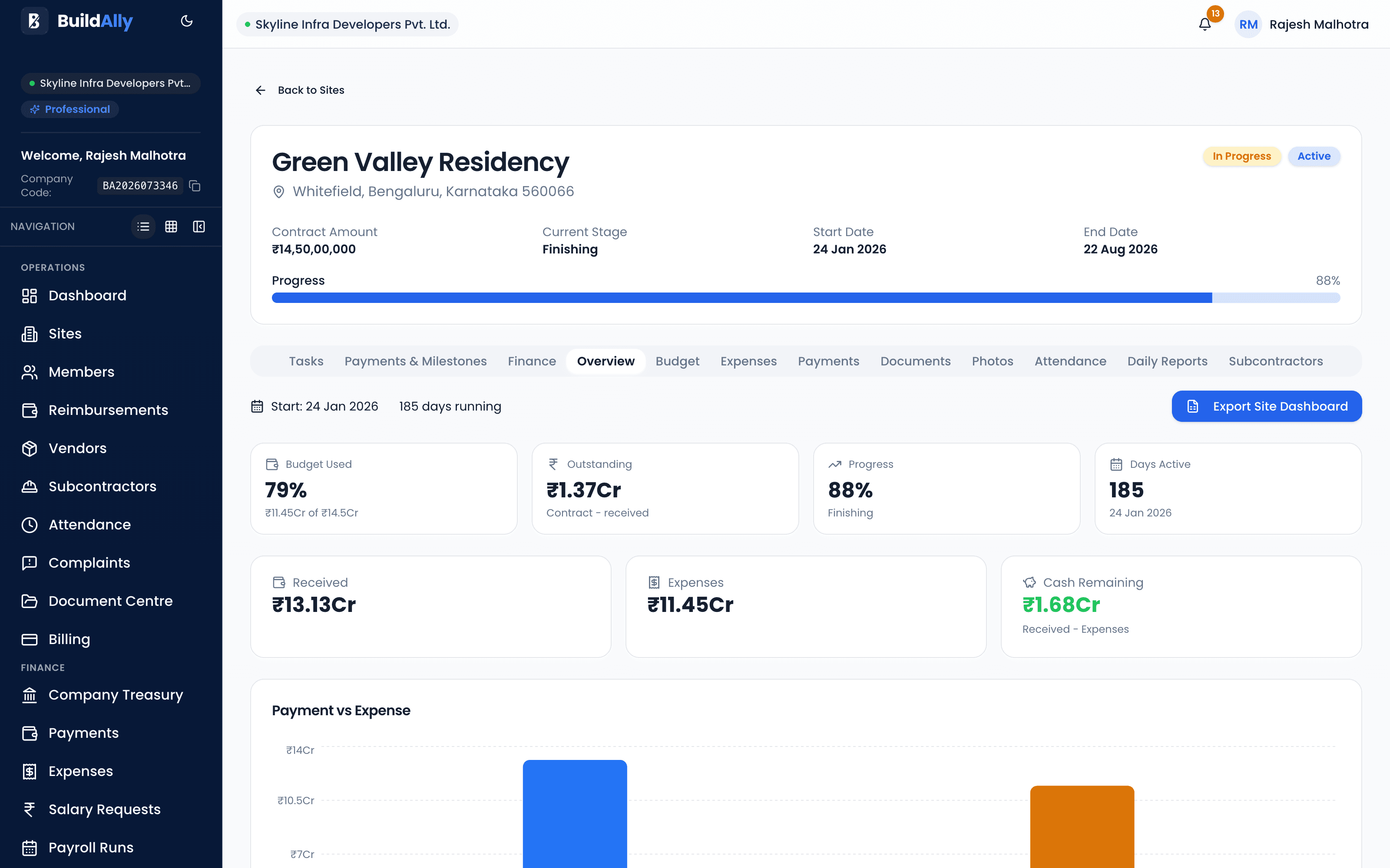 BuildAlly site overview showing geofence configuration and site coordinates