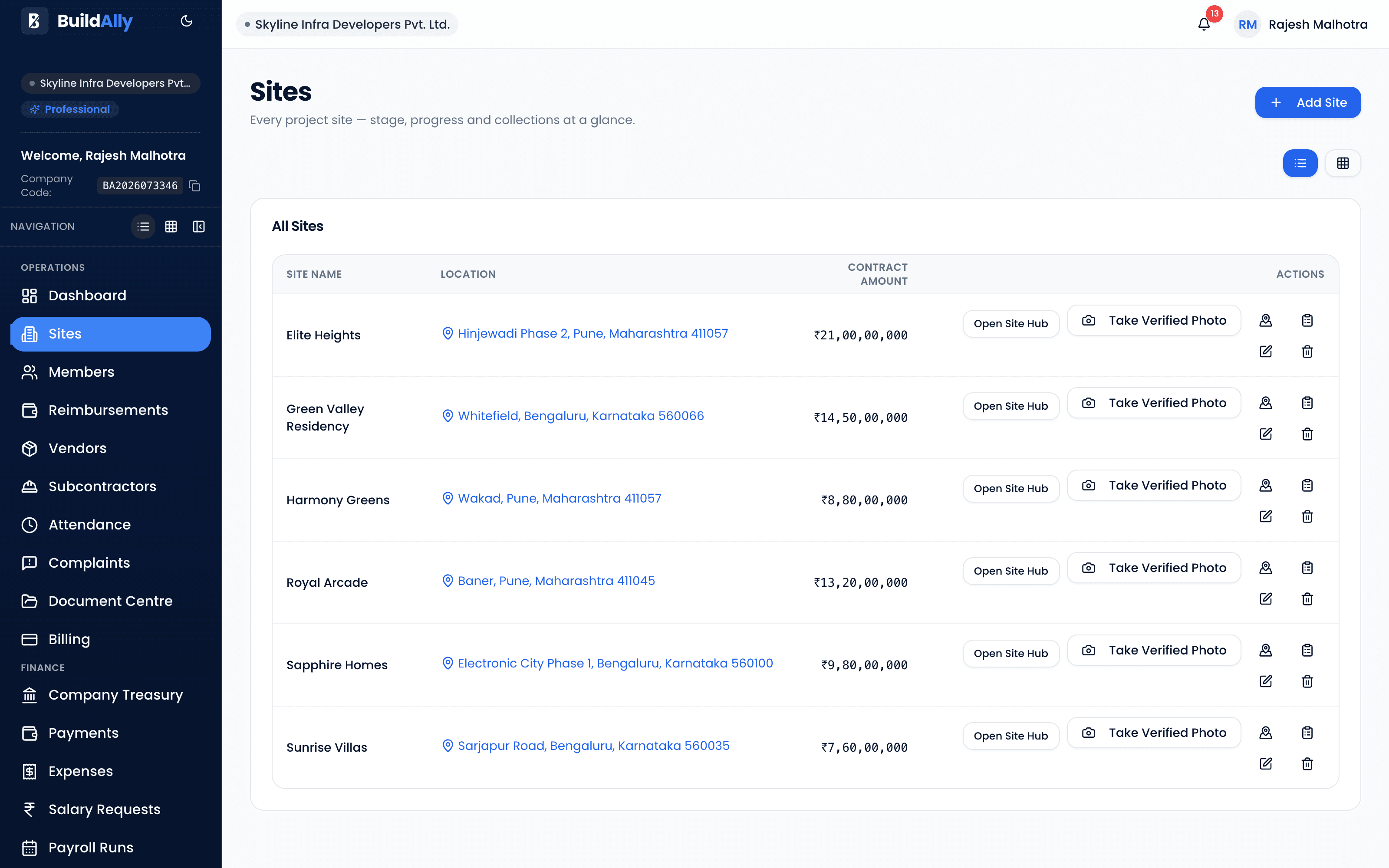 BuildAlly sites list showing active construction projects with progress and budget