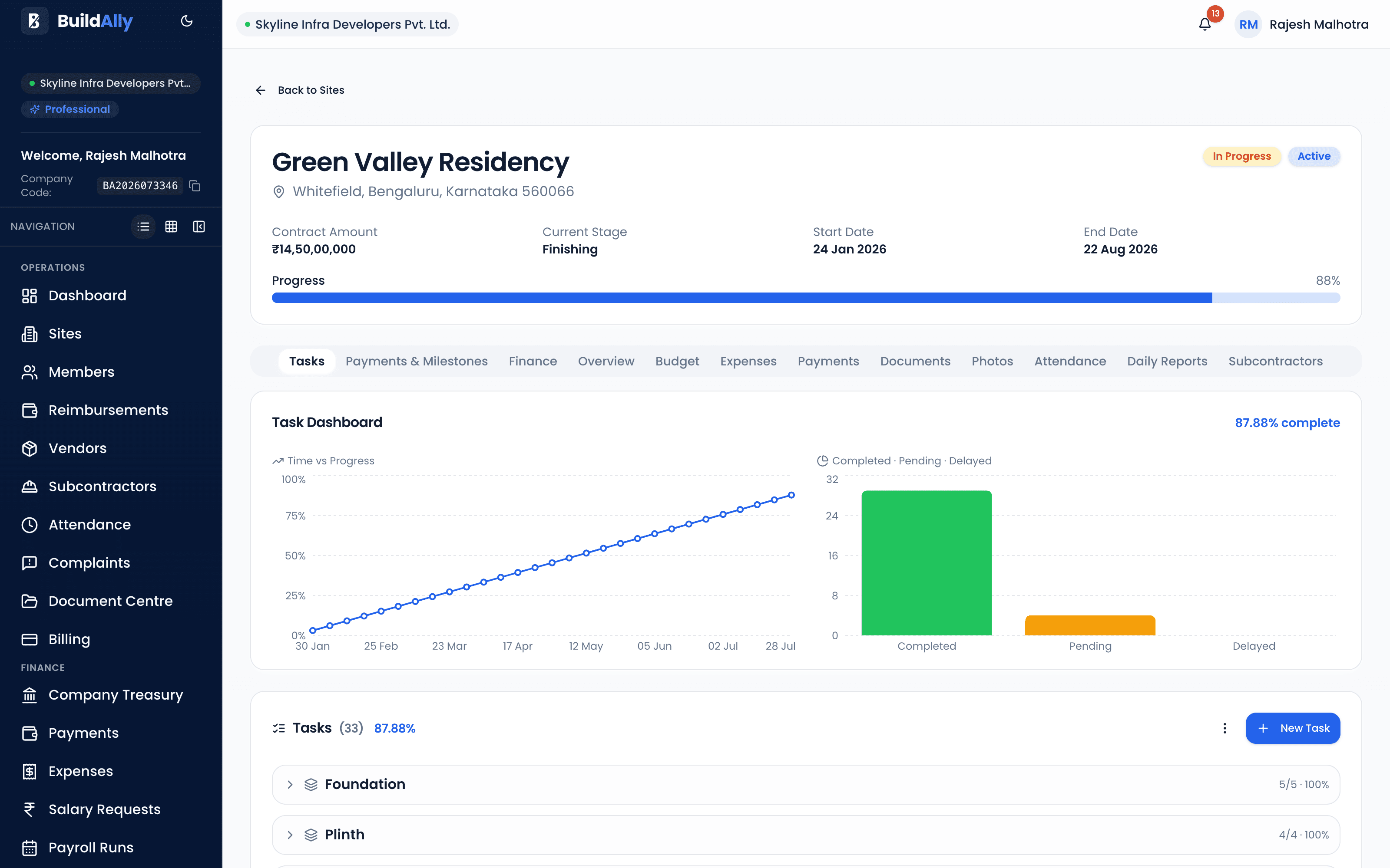 BuildAlly task management board with assigned site tasks