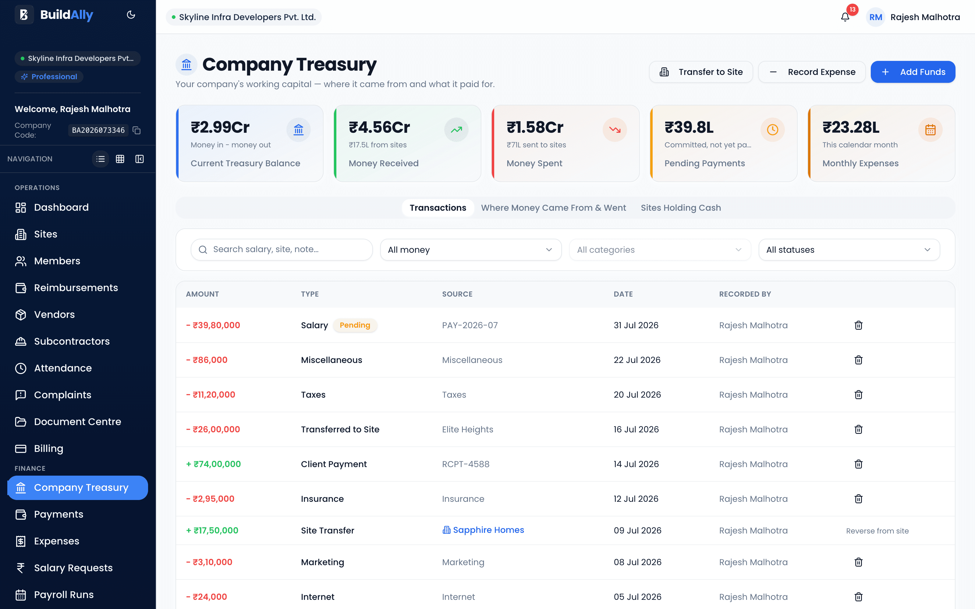 BuildAlly company treasury dashboard showing balance and transaction ledger
